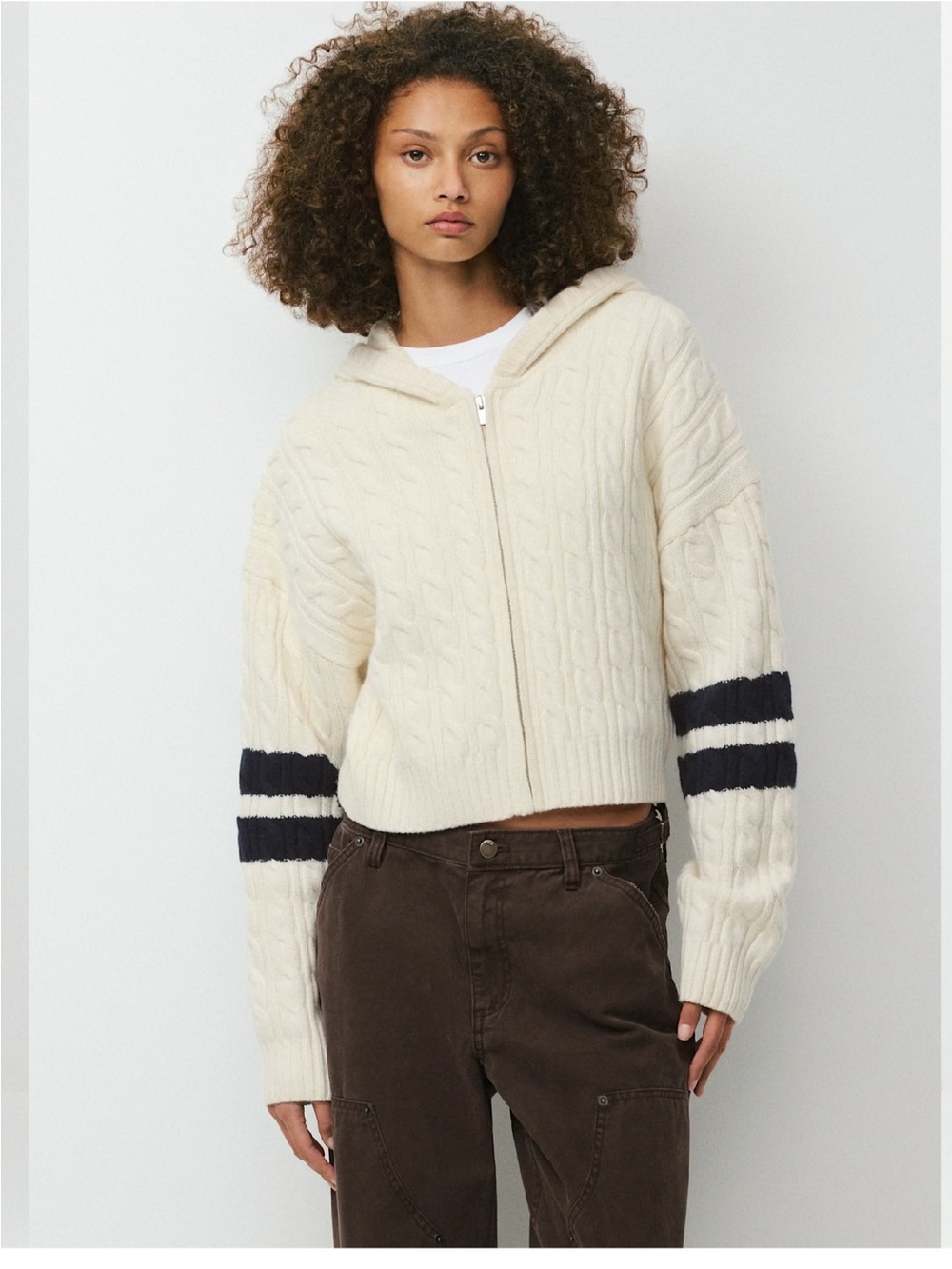 Aritzia Octavia Cream Cable-Knit Zip Hoodie with Navy Sleeve Stripes